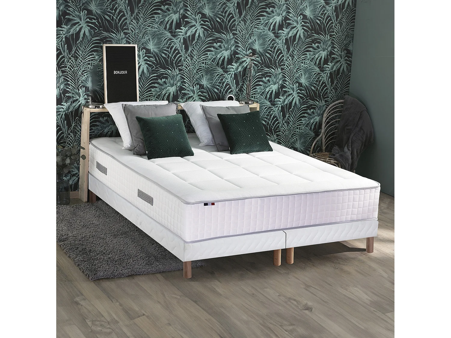 Ensemble matelas Ressorts 7 zones H28cm + sommier PALACIO 2 FABRICATION FRANCAISE Dimensions - 2x90 x 200 cm, Sommier - Blanc