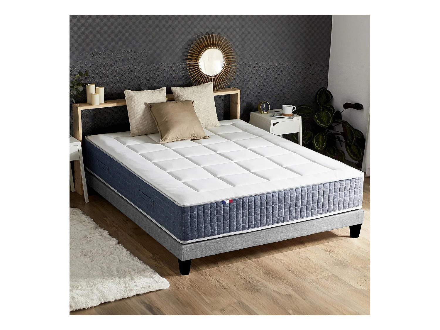 Ensemble Matelas Ressort 7 zones + Mémoire de forme + Sommier KING STYLE + couette + oreillers - Fabriqué en France Dimensions - 140 x 190 cm, Sommier - Gris chiné