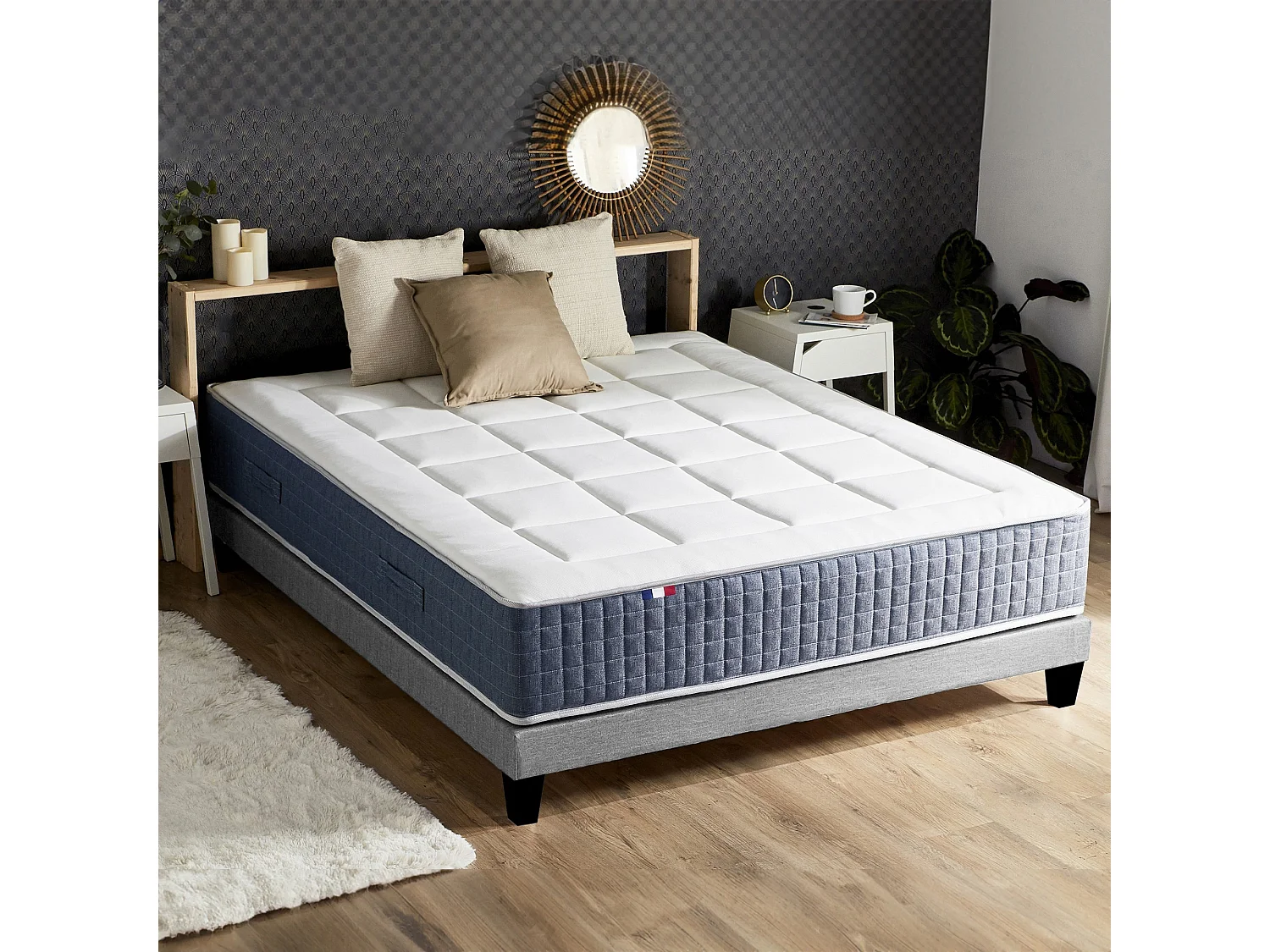 Ensemble Matelas Ressort 7 zones + Mémoire de forme + Sommier KING STYLE + couette + oreillers - Fabriqué en France Dimensions - 140 x 190 cm, Sommier - Gris chiné