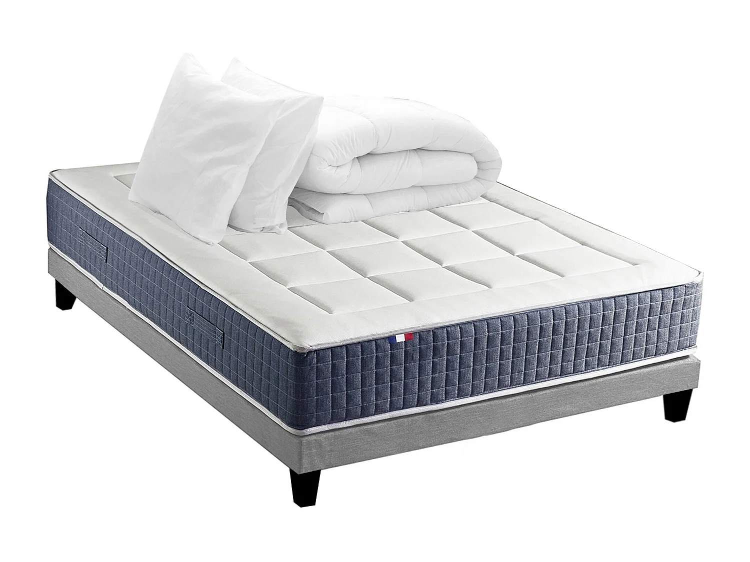 Ensemble Matelas Ressort 7 zones + Mémoire de forme + Sommier KING STYLE + couette + oreillers - Fabriqué en France Dimensions - 140 x 190 cm, Sommier - Gris chiné