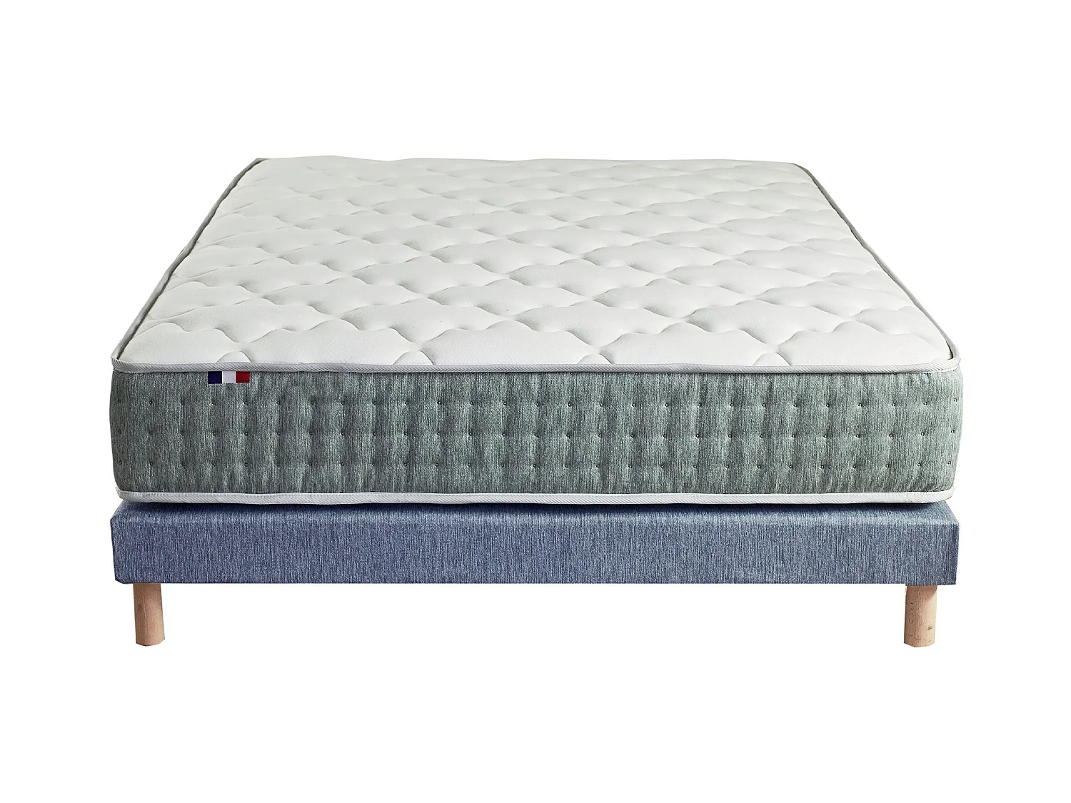 Ensemble + matelas Ressort 7 zones Face Hiver/Eté différente HYGGE Fabriqué en France Dimensions - 140 x 190 cm, Sommier - Bleu denim