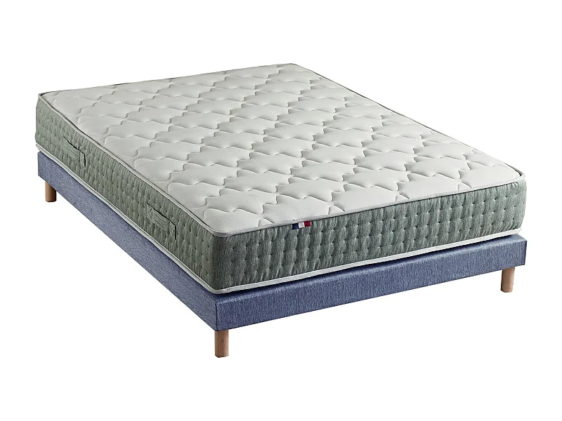 Ensemble + matelas Ressort 7 zones Face Hiver/Eté différente HYGGE Fabriqué en France Dimensions - 140 x 190 cm, Sommier - Bleu denim