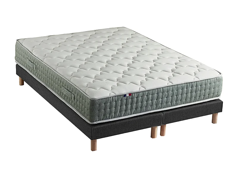 Ensemble + matelas Ressort 7 zones Face Hiver/Eté différente HYGGE Fabriqué en France Dimensions - 2x80 x 200 cm, Sommier - Noir