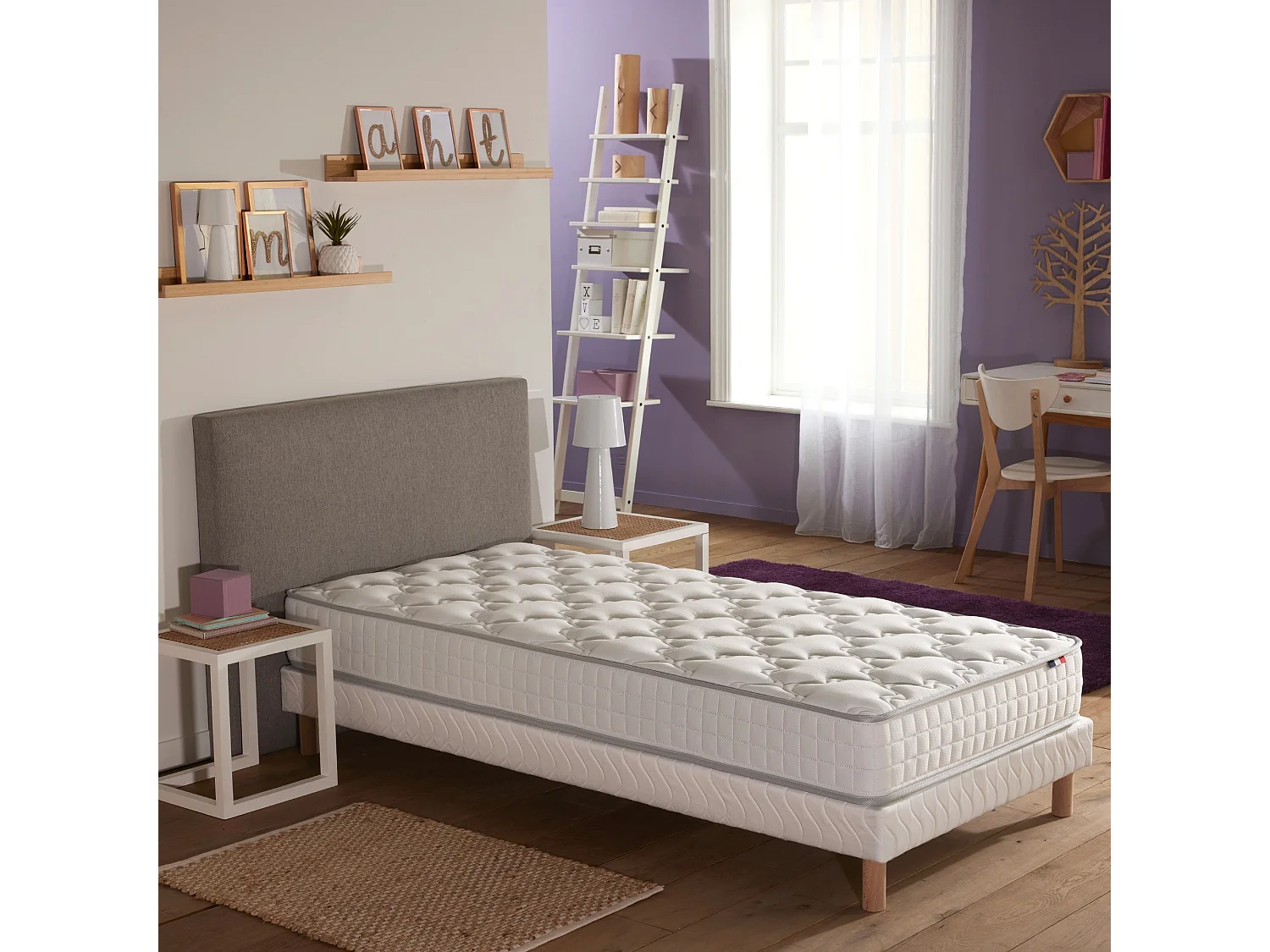 Pack ensemble matelas ressorts ASTRE, sommier, couette et oreillers Dimensions - 90 x 190 cm, Sommier - Blanc