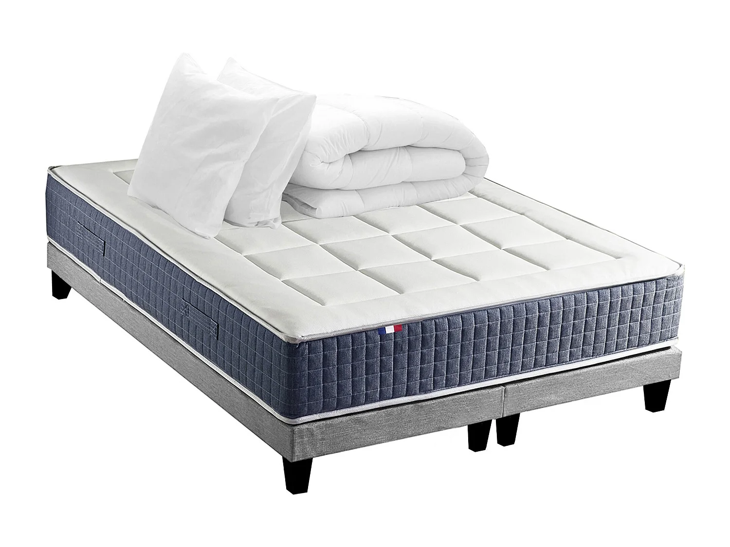 Ensemble Matelas Ressort 7 zones + Mémoire de forme + Sommier KING STYLE + couette + oreillers - Fabriqué en France Dimensions - 2x90 x 200 cm, Sommier - Gris chiné