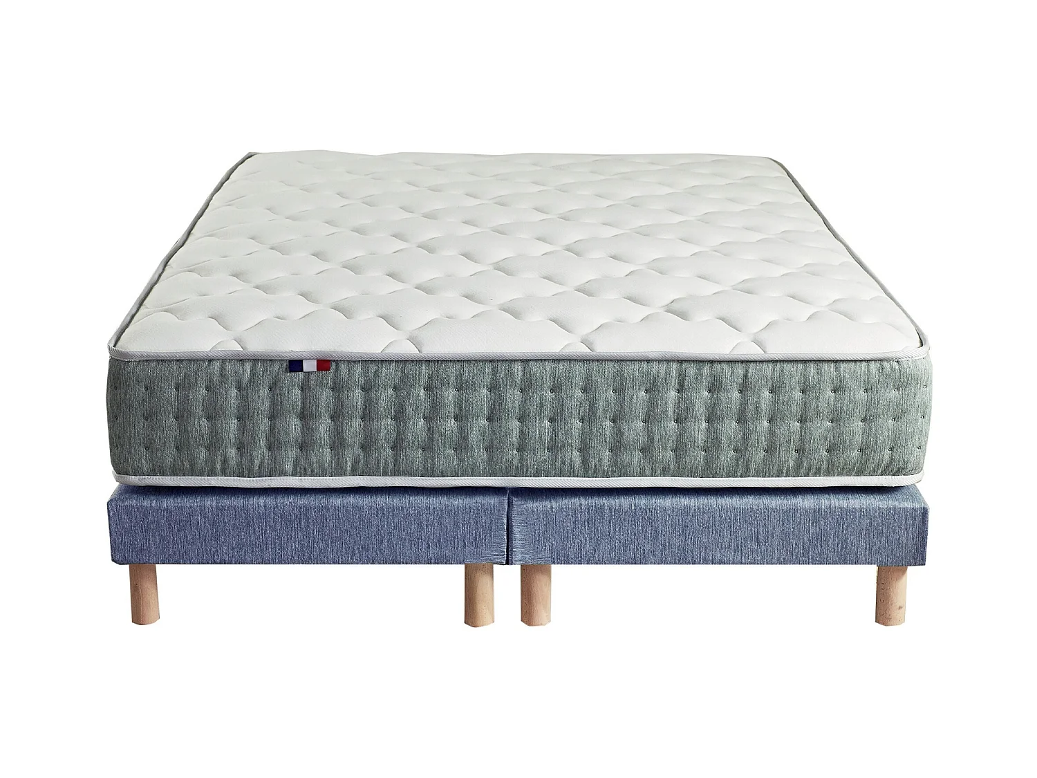 Ensemble + matelas Ressort 7 zones Face Hiver/Eté différente HYGGE Fabriqué en France Dimensions - 2x80 x 200 cm, Sommier - Bleu denim