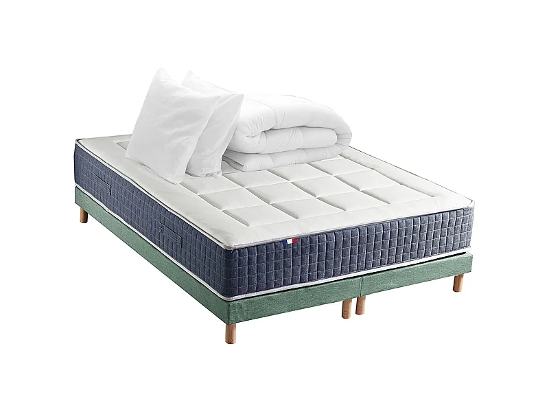 Ensemble matelas ressort 7 zones KING STYLE, mémoire de forme, sommier, couette, oreillers Dimensions - 2x80 x 200 cm, Sommier - Vert celadon