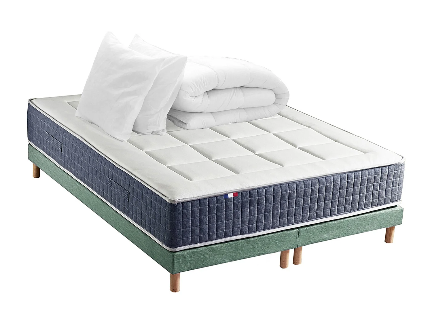 Ensemble matelas ressort 7 zones KING STYLE, mémoire de forme, sommier, couette, oreillers Dimensions - 2x80 x 200 cm, Sommier - Vert celadon