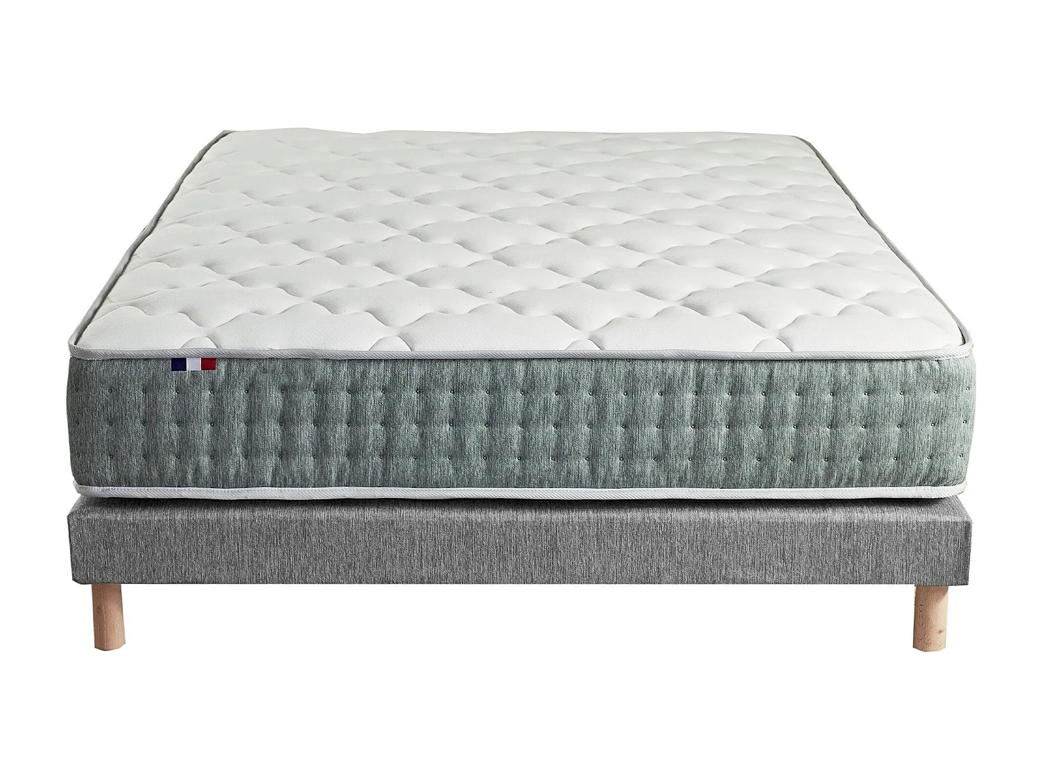 Ensemble matelas Ressort 7 zones HYGGE + Sommier + couette + oreillers Fabriqué en France Dimensions - 140 x 190 cm, Sommier - Gris chiné