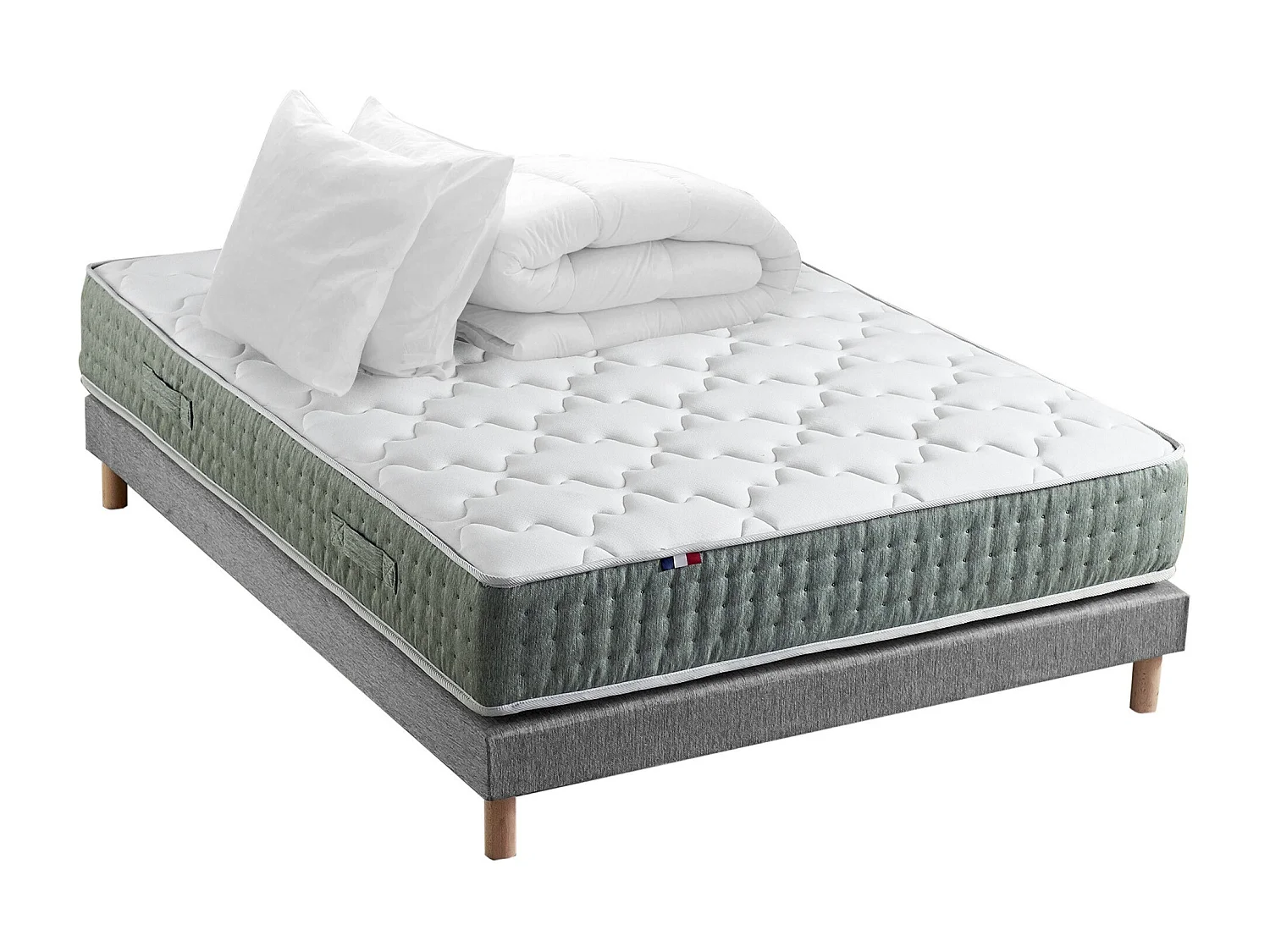 Ensemble matelas Ressort 7 zones HYGGE + Sommier + couette + oreillers Fabriqué en France Dimensions - 140 x 190 cm, Sommier - Gris chiné