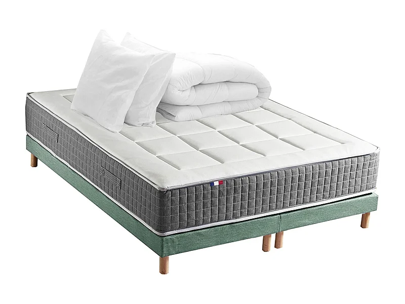 Ensemble Matelas Ressort 7 zones H.28cm + Sommier + couette + oreillers Fabriqué en France MAX Dimensions - 2x90 x 200 cm, Sommier - Vert celadon