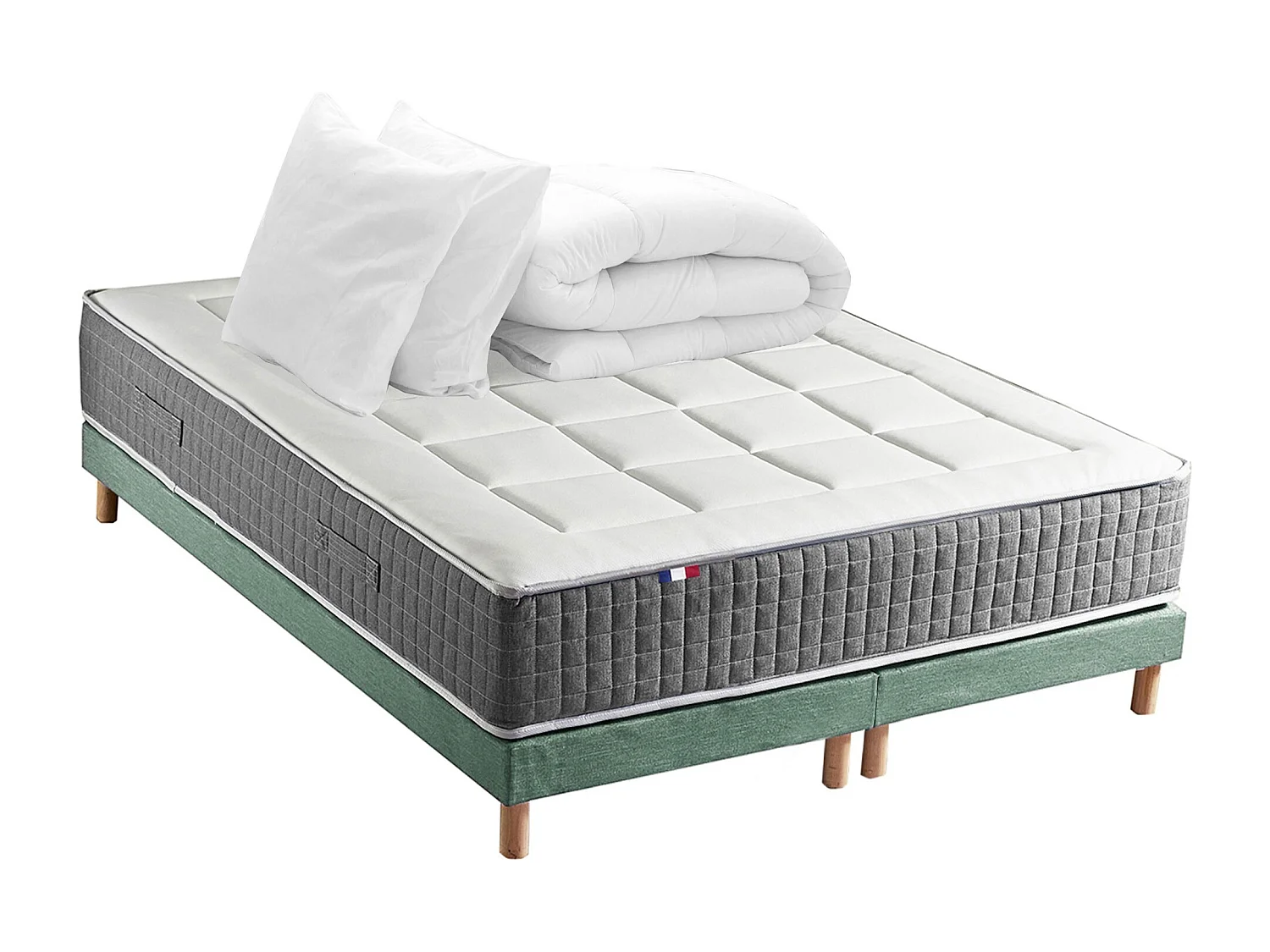 Ensemble Matelas Ressort 7 zones H.28cm + Sommier + couette + oreillers Fabriqué en France MAX Dimensions - 2x90 x 200 cm, Sommier - Vert celadon