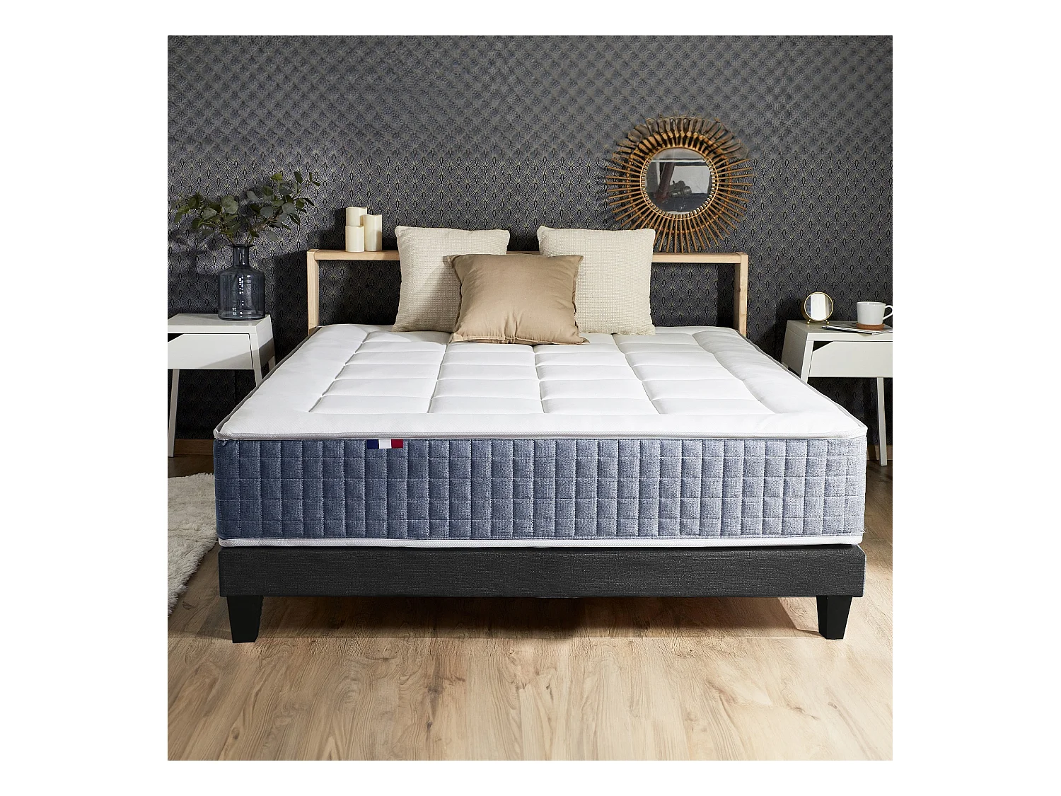 Ensemble Matelas Ressort 7 zones + Mémoire de forme + Sommier KING STYLE + couette + oreillers - Fabriqué en France Dimensions - 140 x 190 cm, Sommier - Noir
