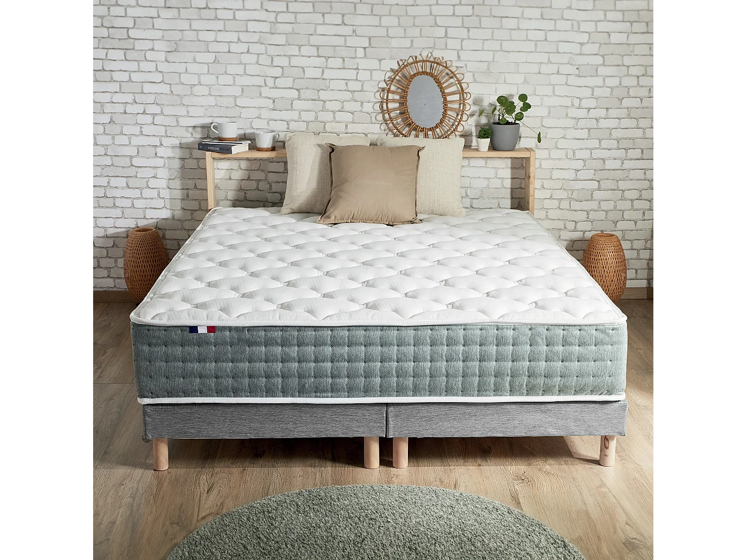 Ensemble matelas Ressort 7 zones HYGGE + Sommier + couette + oreillers Fabriqué en France Dimensions - 2x80 x 200 cm, Sommier - Gris chiné