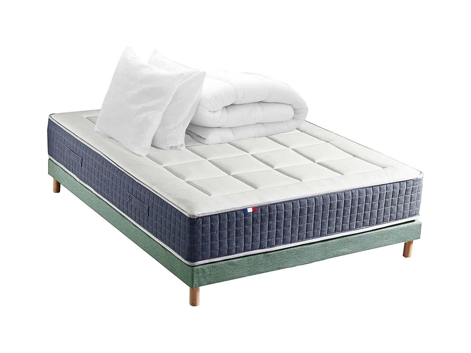 Ensemble matelas ressort 7 zones KING STYLE, mémoire de forme, sommier, couette, oreillers Dimensions - 140 x 190 cm, Sommier - Vert celadon