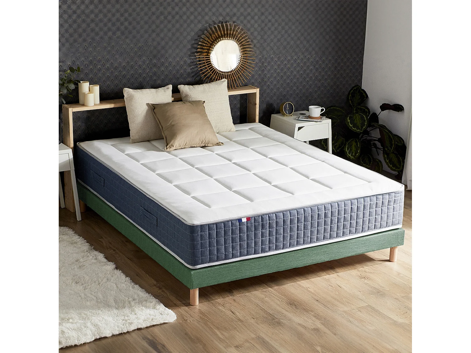 Ensemble matelas ressort 7 zones KING STYLE, mémoire de forme, sommier, couette, oreillers Dimensions - 140 x 190 cm, Sommier - Vert celadon