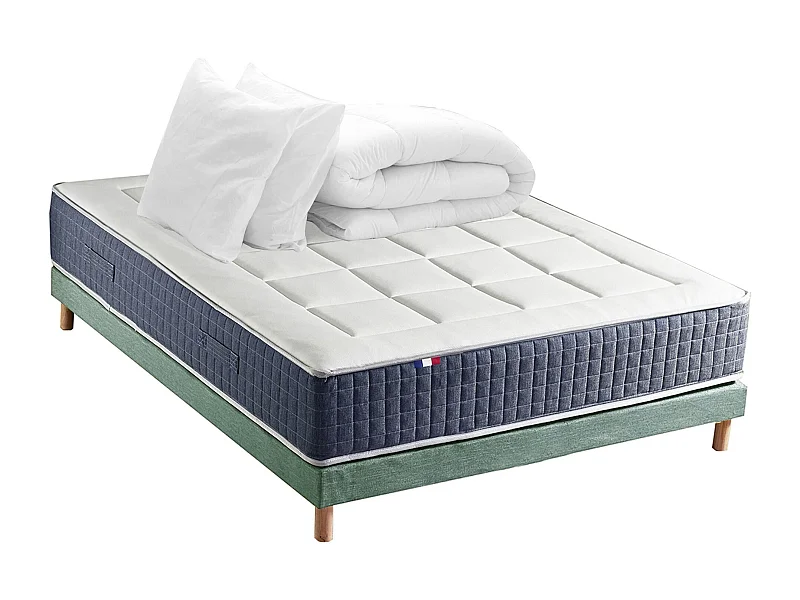 Ensemble matelas ressort 7 zones KING STYLE, mémoire de forme, sommier, couette, oreillers Dimensions - 140 x 190 cm, Sommier - Vert celadon