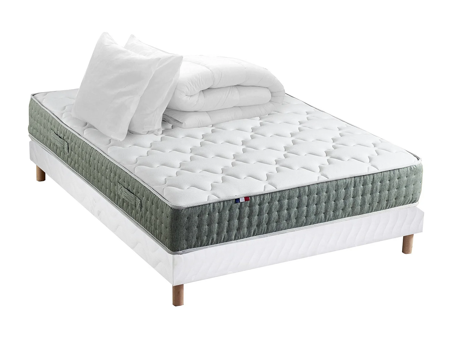 Ensemble matelas Ressort 7 zones HYGGE + Sommier + couette + oreillers Fabriqué en France Dimensions - 140 x 190 cm, Sommier - Blanc