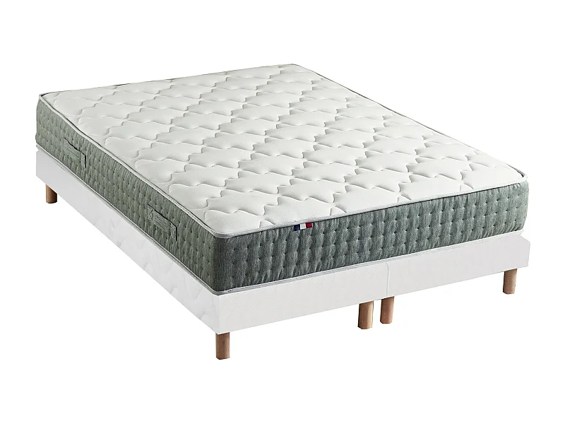 Ensemble + matelas Ressort 7 zones Face Hiver/Eté différente HYGGE Fabriqué en France Dimensions - 2x90 x 200 cm, Sommier - Blanc