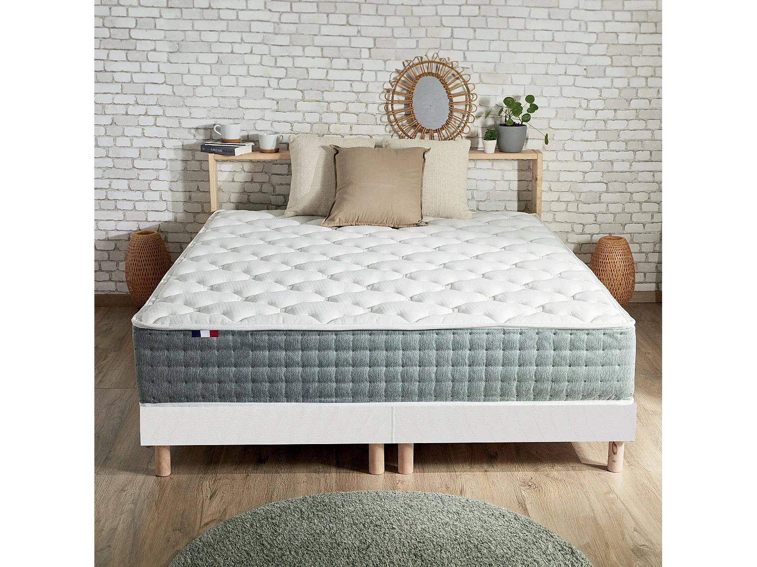 Ensemble + matelas Ressort 7 zones Face Hiver/Eté différente HYGGE Fabriqué en France Dimensions - 2x90 x 200 cm, Sommier - Blanc