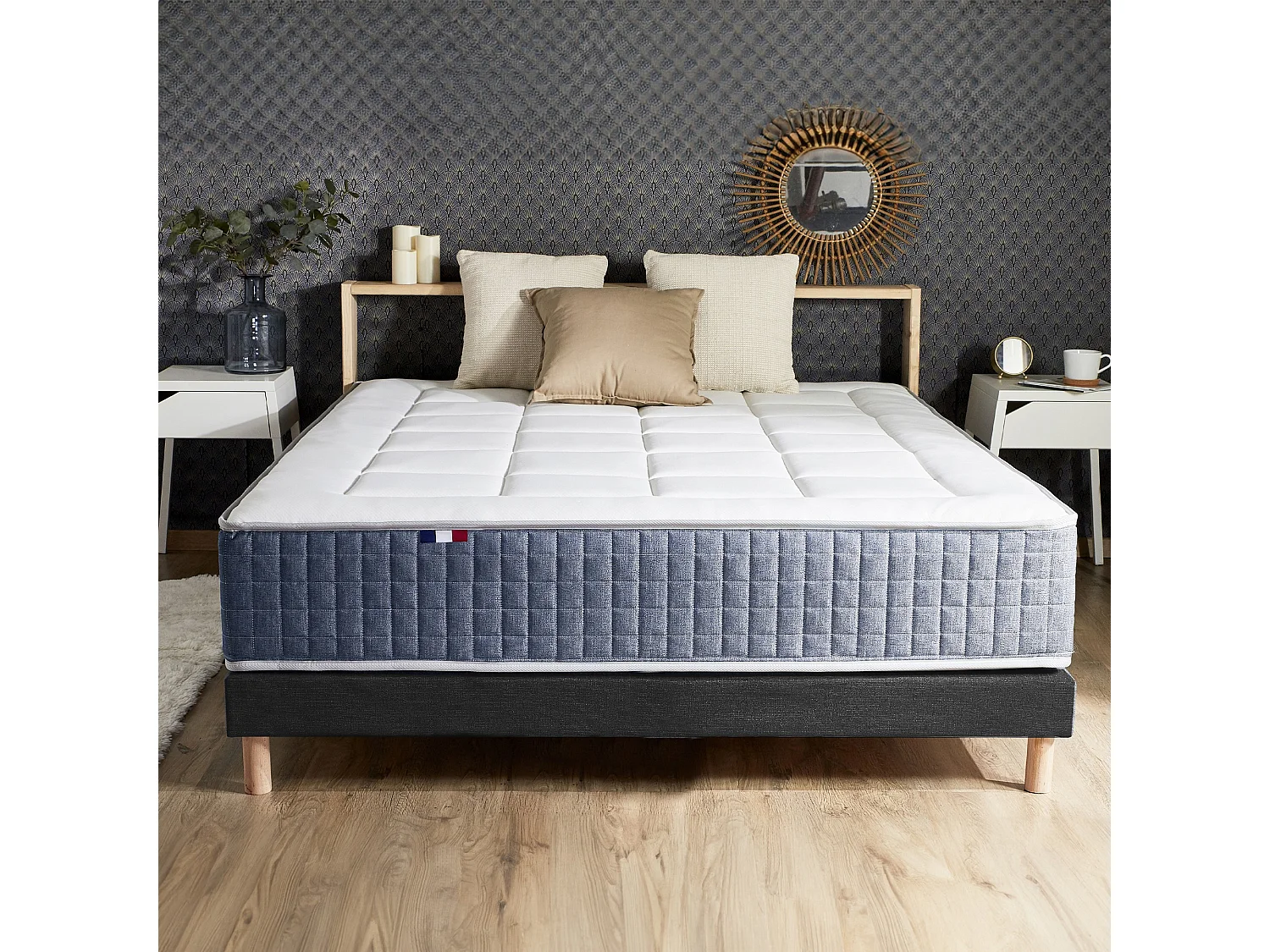 Ensemble matelas ressort 7 zones KING STYLE, mémoire de forme, sommier, couette, oreillers Dimensions - 140 x 190 cm, Sommier - Noir