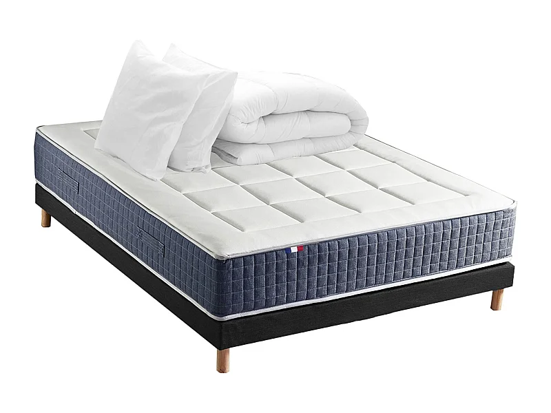 Ensemble matelas ressort 7 zones KING STYLE, mémoire de forme, sommier, couette, oreillers Dimensions - 140 x 190 cm, Sommier - Noir