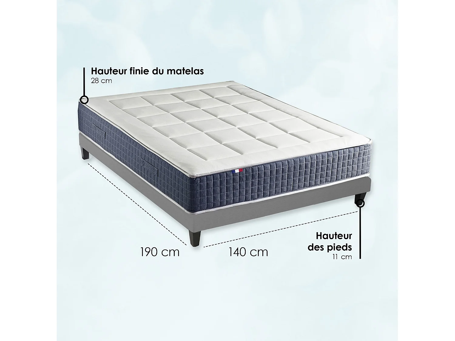 Ensemble Matelas Ressort 7 zones + Mémoire de forme + Sommier KING STYLE Fabriqué en France Dimensions - 140 x 190 cm, Sommier - Gris chiné