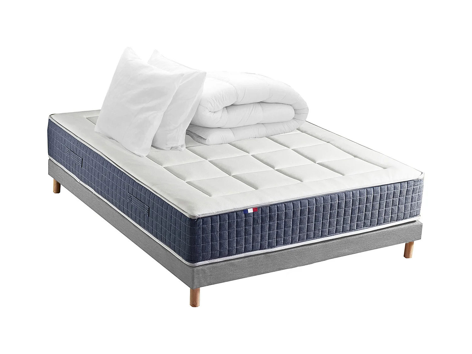 Ensemble matelas ressort 7 zones KING STYLE, mémoire de forme, sommier, couette, oreillers Dimensions - 140 x 190 cm, Sommier - Gris chiné