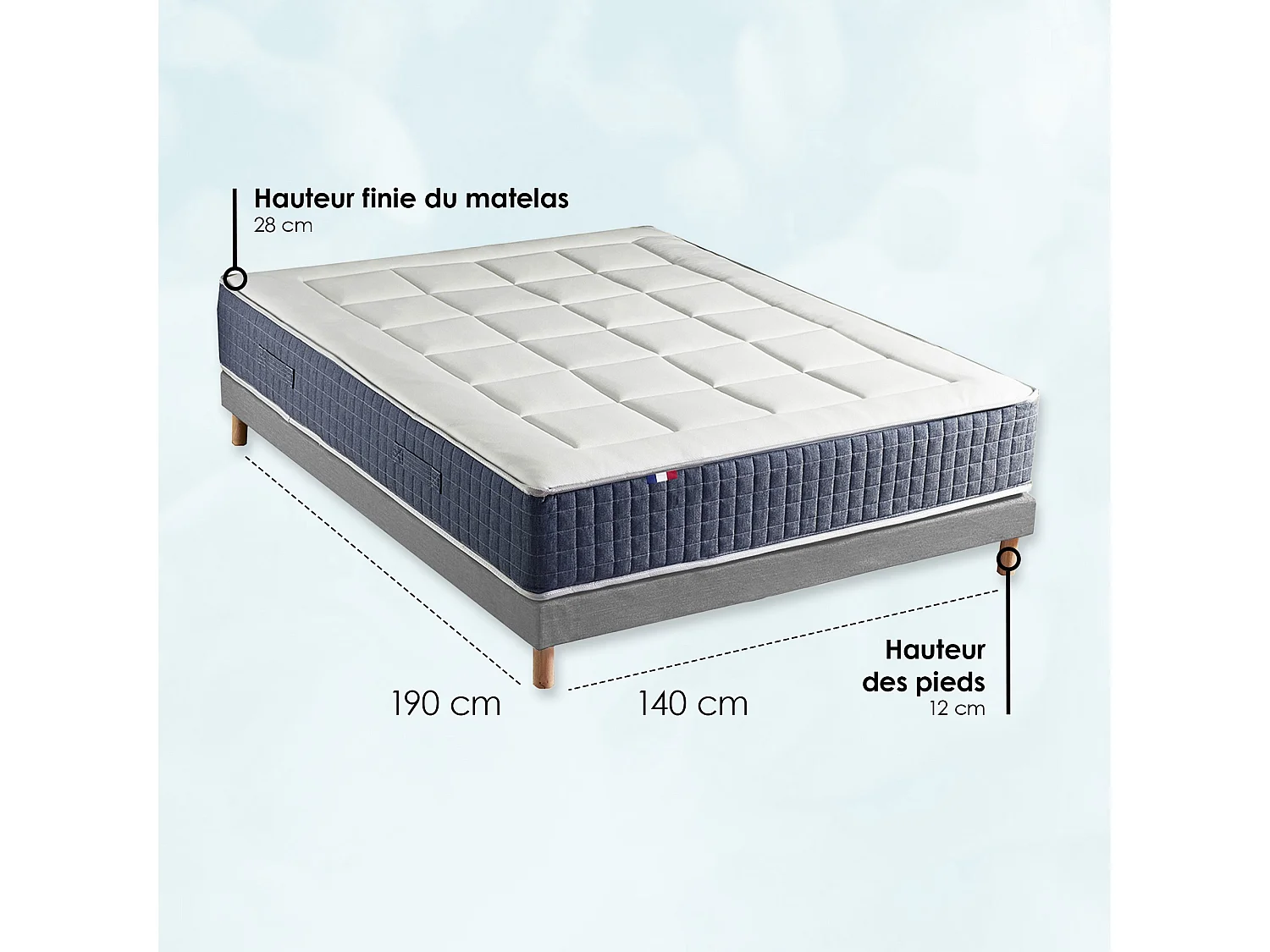 Ensemble matelas ressort 7 zones KING STYLE, mémoire de forme, sommier, couette, oreillers Dimensions - 140 x 190 cm, Sommier - Gris chiné
