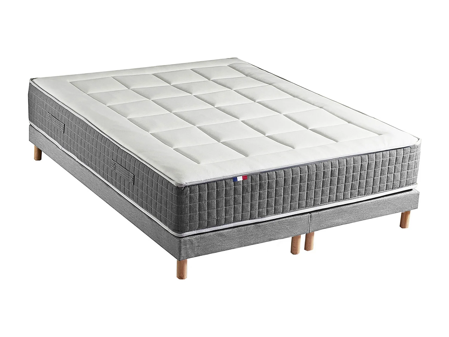 Ensemble Matelas Ressort 7 zones H.28cm + Sommier Fabriqué en France MAX Dimensions - 2x90 x 200 cm, Sommier - Gris chiné