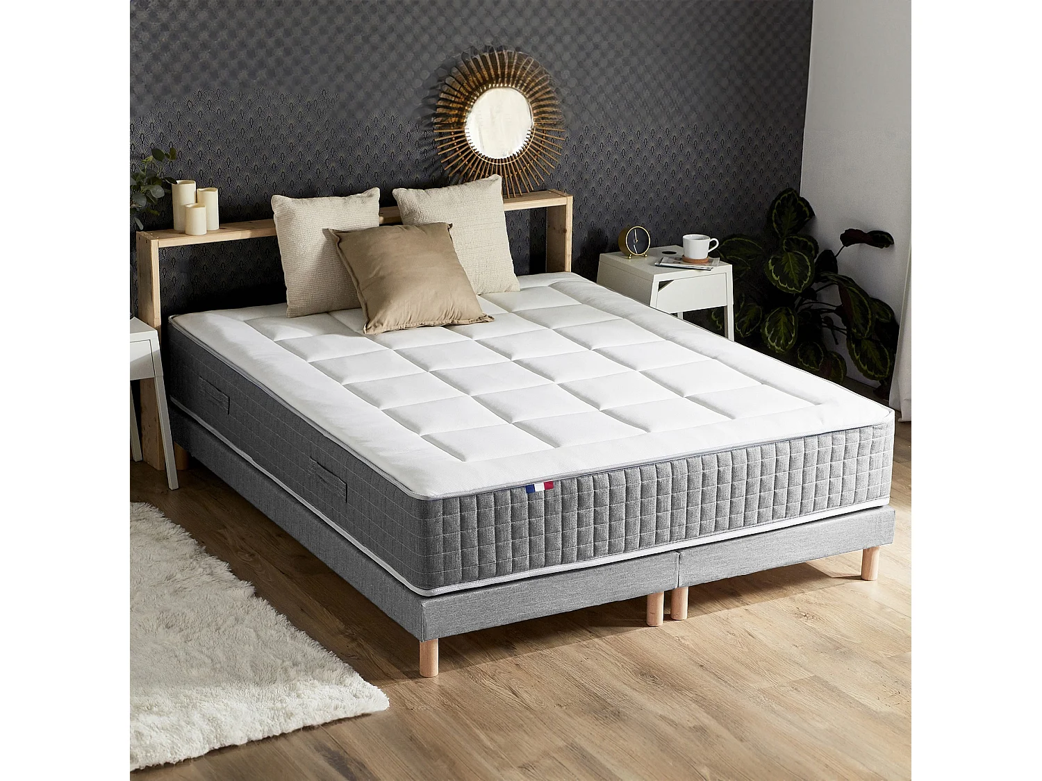 Ensemble Matelas Ressort 7 zones H.28cm + Sommier Fabriqué en France MAX Dimensions - 2x90 x 200 cm, Sommier - Gris chiné