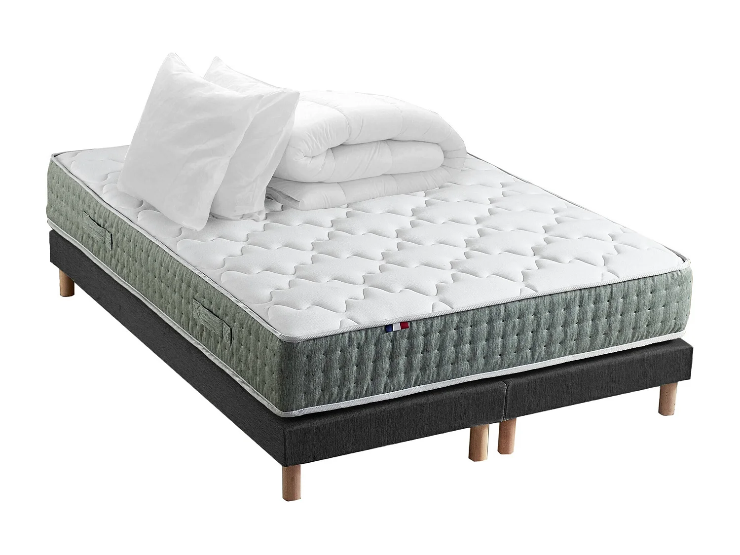 Ensemble matelas Ressort 7 zones HYGGE + Sommier + couette + oreillers Fabriqué en France Dimensions - 2x80 x 200 cm, Sommier - Noir