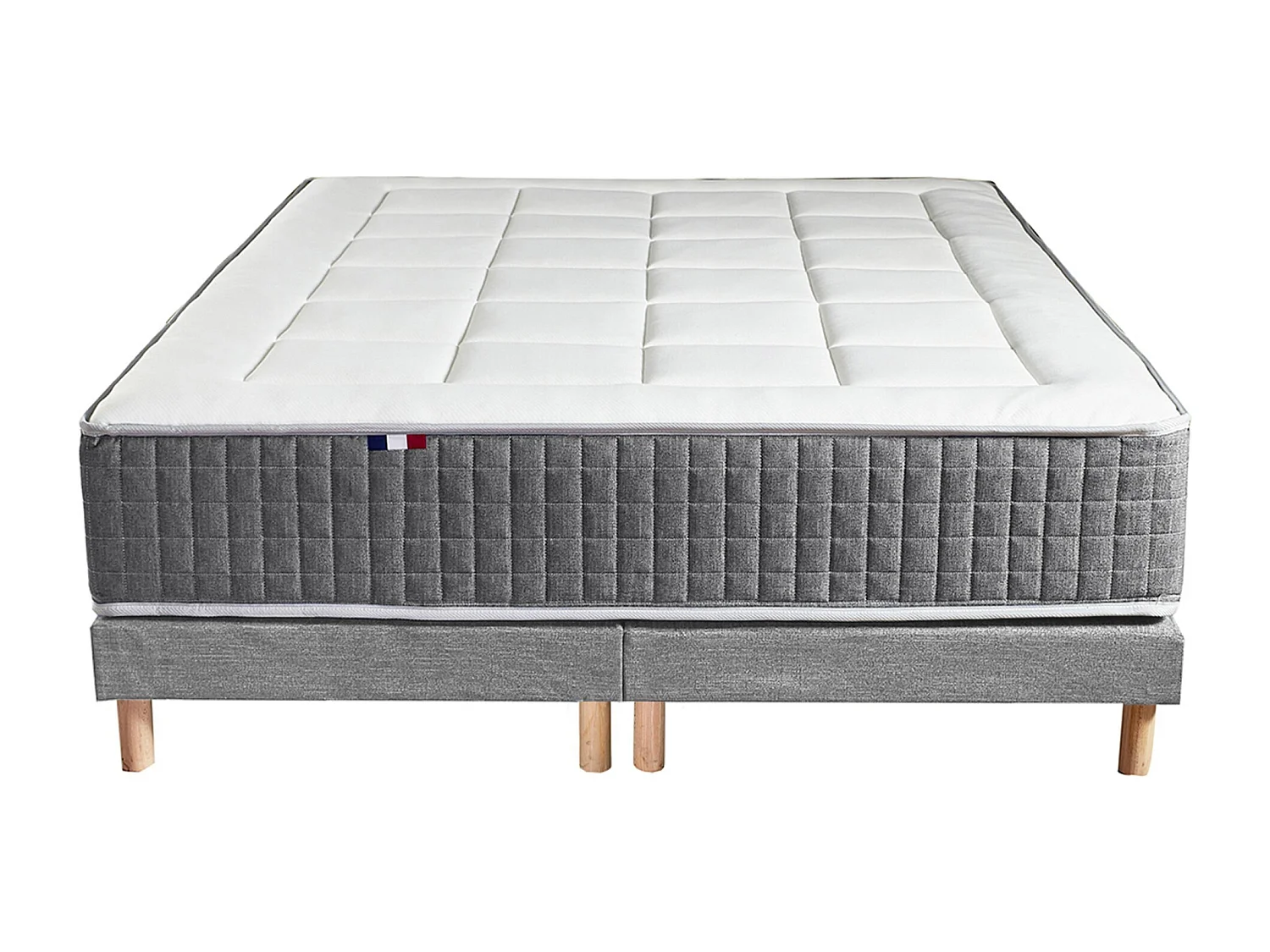 Ensemble Matelas Ressort 7 zones H.28cm + Sommier + couette + oreillers Fabriqué en France MAX Dimensions - 2x90 x 200 cm, Sommier - Gris chiné