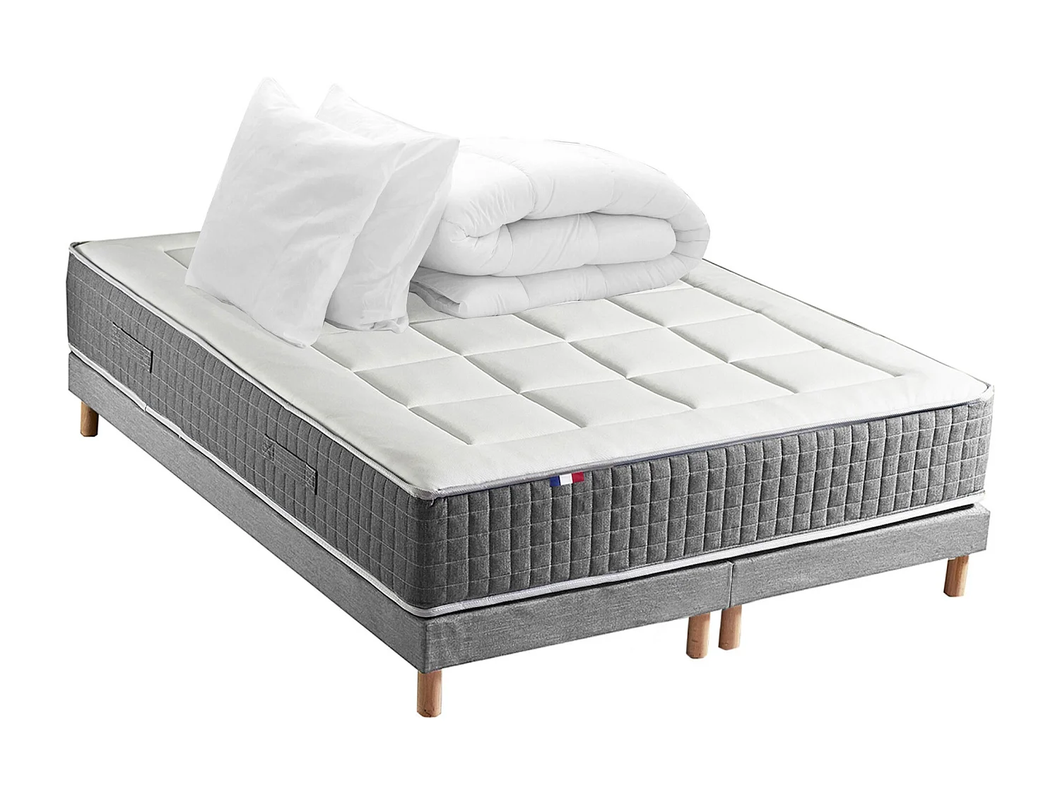 Ensemble Matelas Ressort 7 zones H.28cm + Sommier + couette + oreillers Fabriqué en France MAX Dimensions - 2x90 x 200 cm, Sommier - Gris chiné