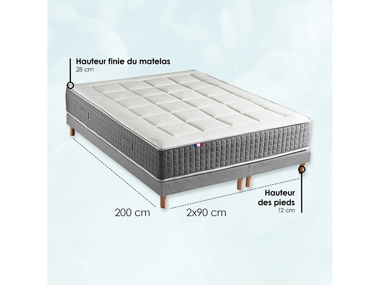 Ensemble Matelas Ressort 7 zones H.28cm + Sommier + couette + oreillers Fabriqué en France MAX Dimensions - 2x90 x 200 cm, Sommier - Gris chiné