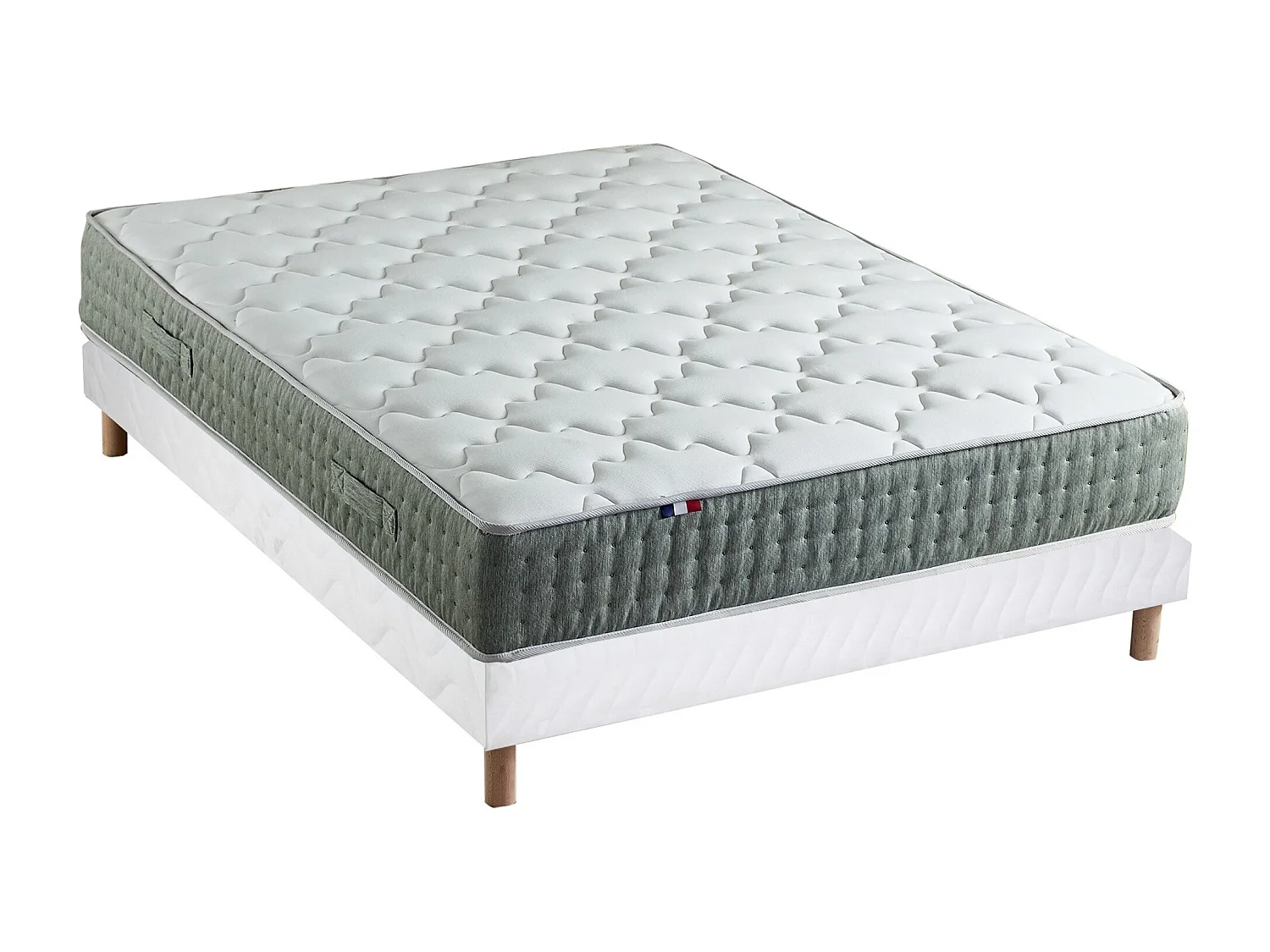 Ensemble + matelas Ressort 7 zones Face Hiver/Eté différente HYGGE Fabriqué en France Dimensions - 140 x 190 cm, Sommier - Blanc