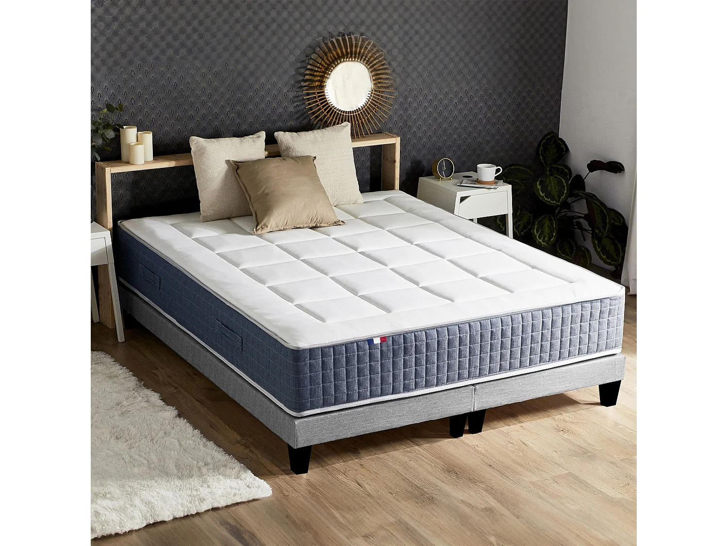 Ensemble Matelas Ressort 7 zones + Mémoire de forme + Sommier KING STYLE Fabriqué en France Dimensions - 2x90 x 200 cm, Sommier - Gris chiné