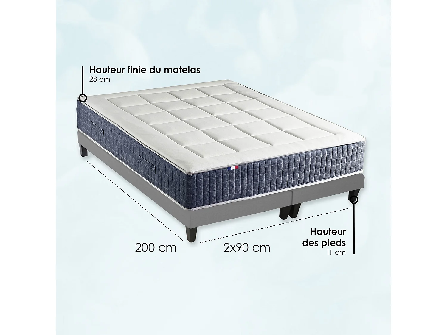 Ensemble Matelas Ressort 7 zones + Mémoire de forme + Sommier KING STYLE Fabriqué en France Dimensions - 2x90 x 200 cm, Sommier - Gris chiné