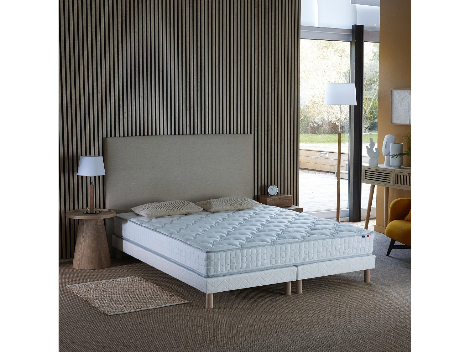 Pack ensemble matelas ressorts ASTRE, sommier, couette et oreillers Dimensions - 2x80 x 200 cm, Sommier - Blanc