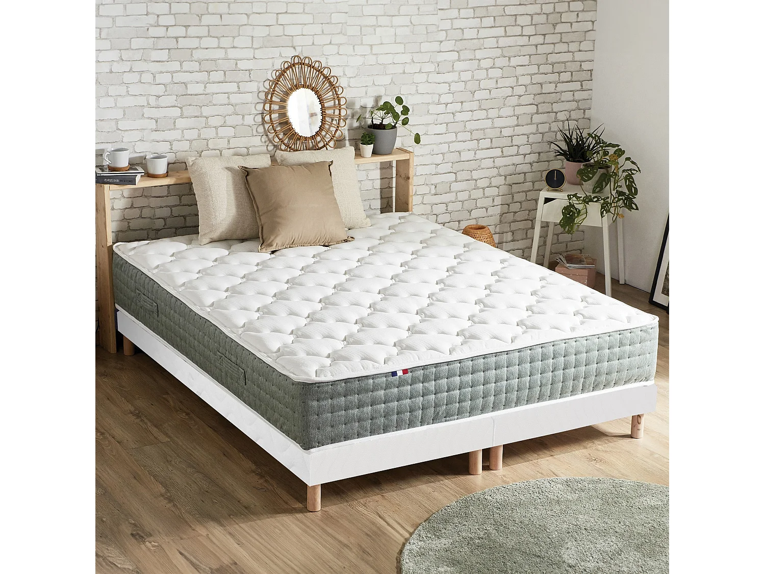 Ensemble matelas Ressort 7 zones HYGGE + Sommier + couette + oreillers Fabriqué en France Dimensions - 2x90 x 200 cm, Sommier - Blanc