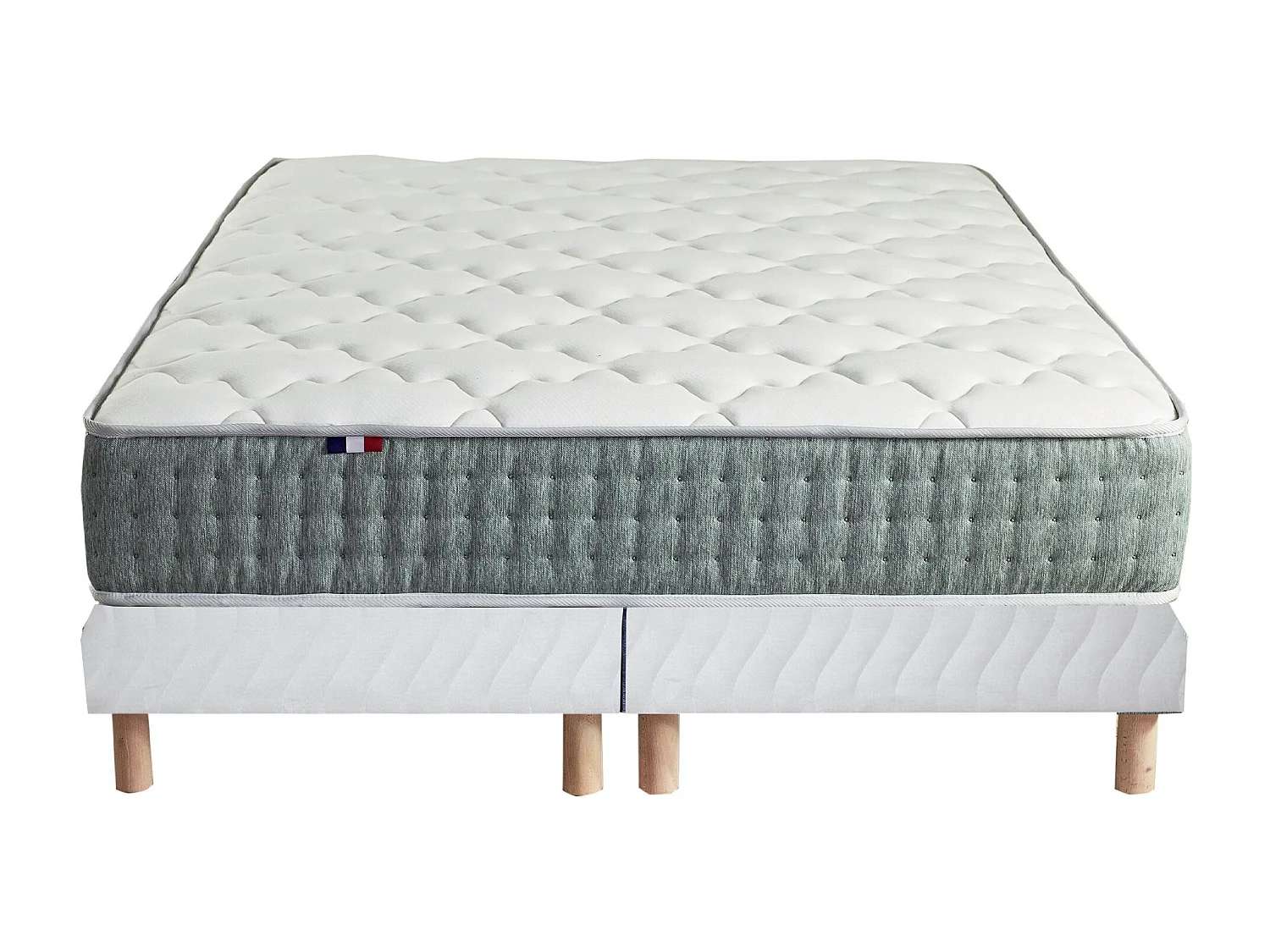 Ensemble matelas Ressort 7 zones HYGGE + Sommier + couette + oreillers Fabriqué en France Dimensions - 2x90 x 200 cm, Sommier - Blanc
