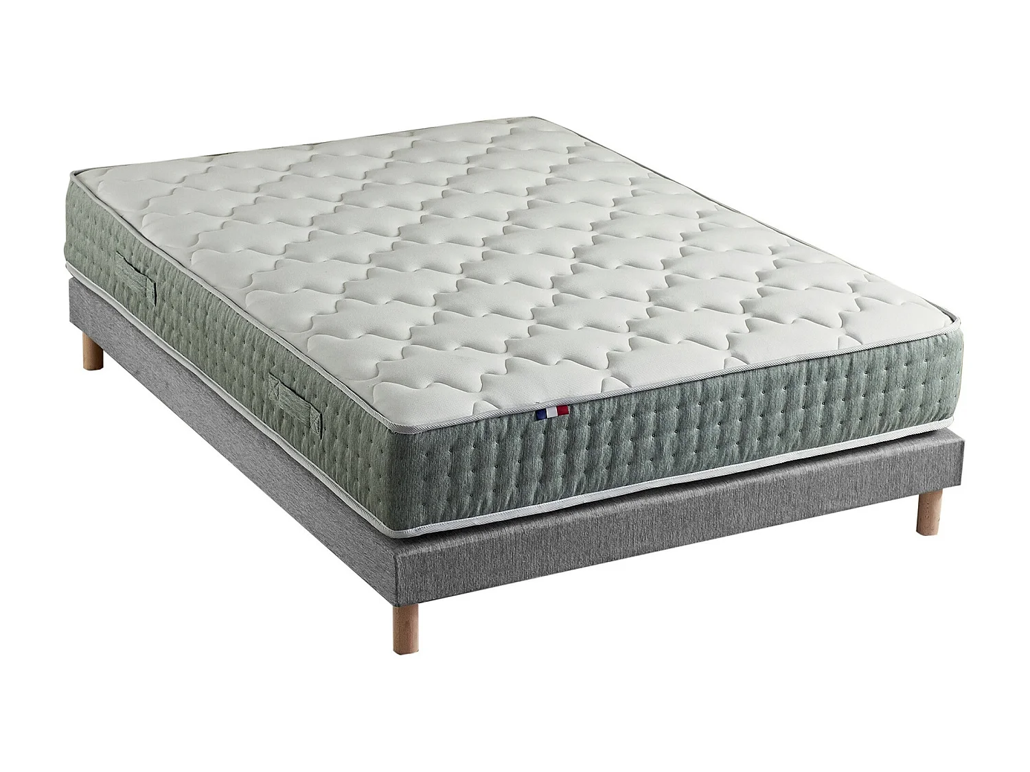 Ensemble + matelas Ressort 7 zones Face Hiver/Eté différente HYGGE Fabriqué en France Dimensions - 140 x 190 cm, Sommier - Gris chiné