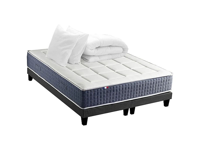 Ensemble Matelas Ressort 7 zones + Mémoire de forme + Sommier KING STYLE + couette + oreillers - Fabriqué en France Dimensions - 2x80 x 200 cm, Sommier - Noir