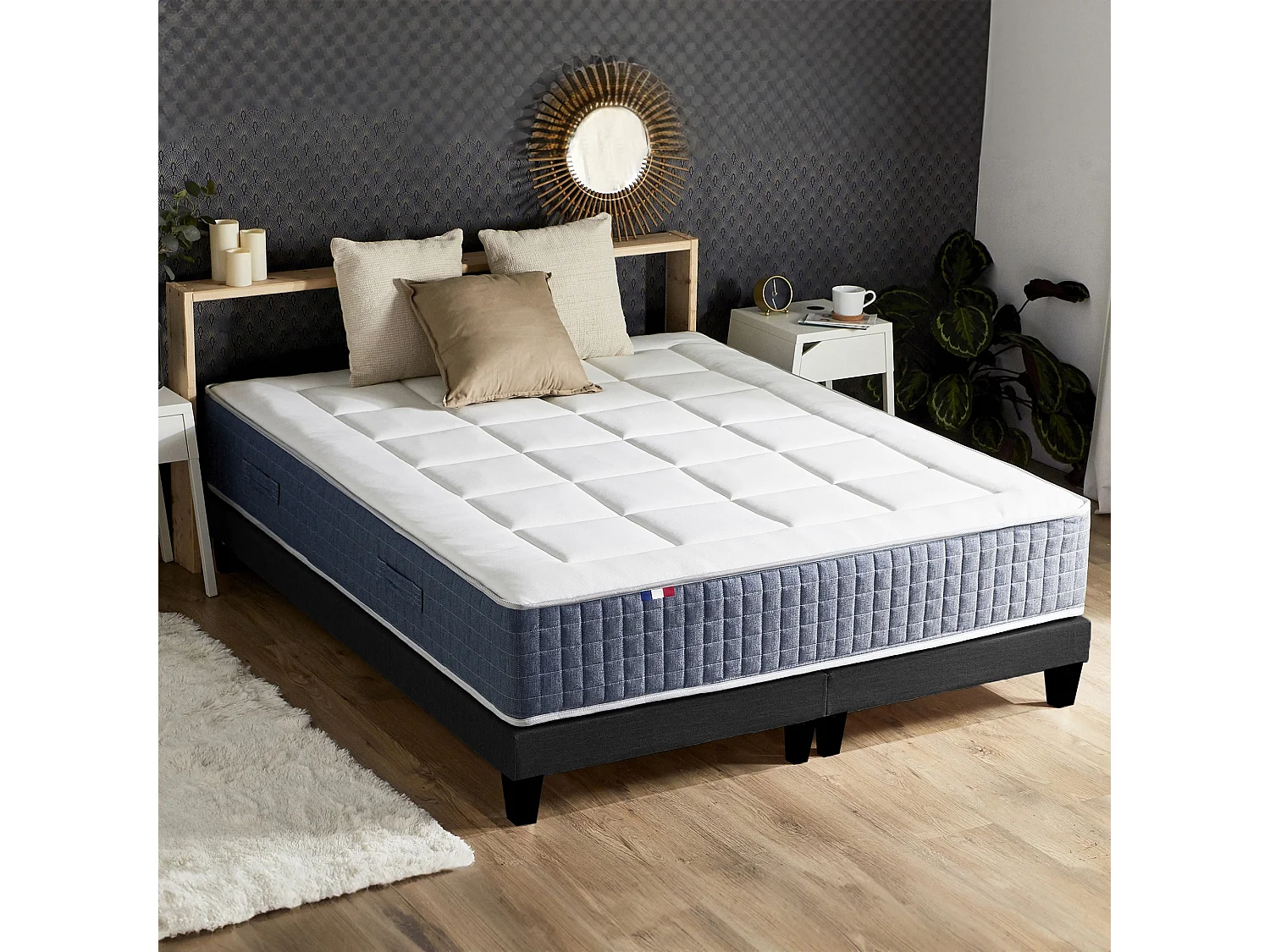 Ensemble Matelas Ressort 7 zones + Mémoire de forme + Sommier KING STYLE + couette + oreillers - Fabriqué en France Dimensions - 2x80 x 200 cm, Sommier - Noir