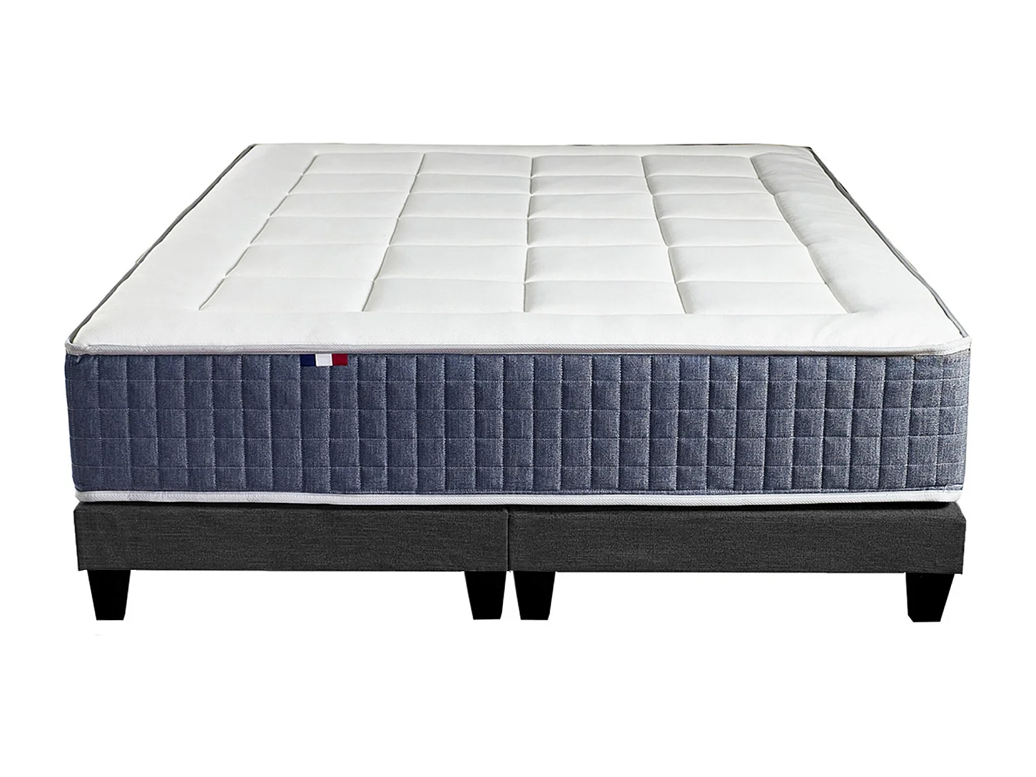 Ensemble Matelas Ressort 7 zones + Mémoire de forme + Sommier KING STYLE + couette + oreillers - Fabriqué en France Dimensions - 2x80 x 200 cm, Sommier - Noir