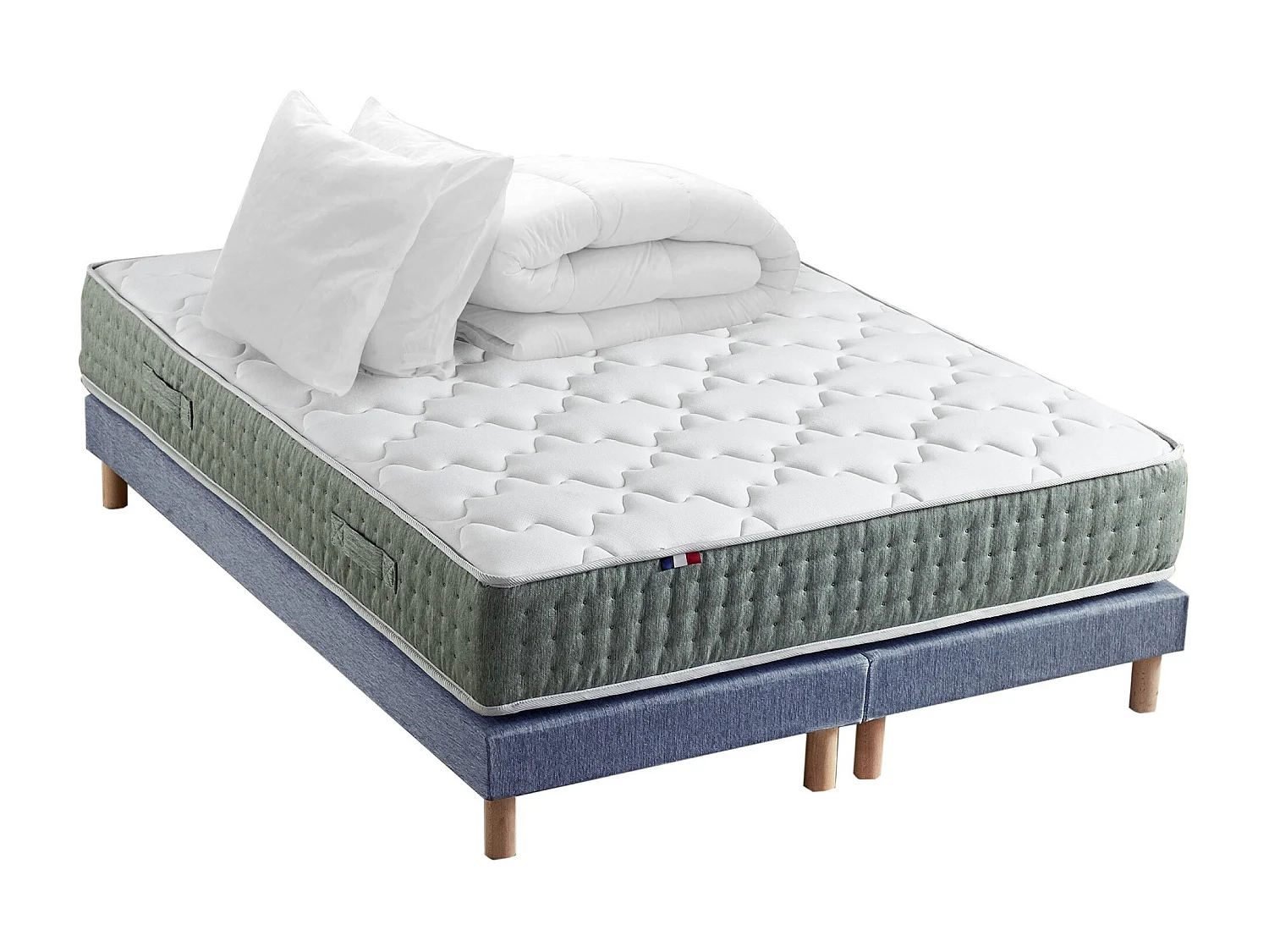 Ensemble matelas Ressort 7 zones HYGGE + Sommier + couette + oreillers Fabriqué en France Dimensions - 2x80 x 200 cm, Sommier - Bleu denim