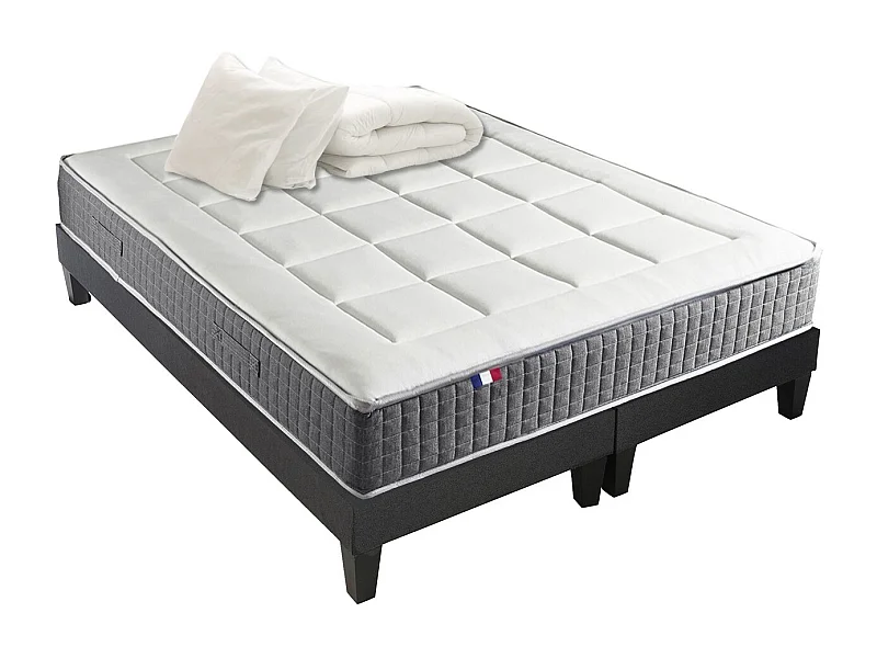 Ensemble Matelas Ressort 7 zones H.28cm + Sommier + couette + oreillers Fabriqué en France MAX Dimensions - 2x80 x 200 cm