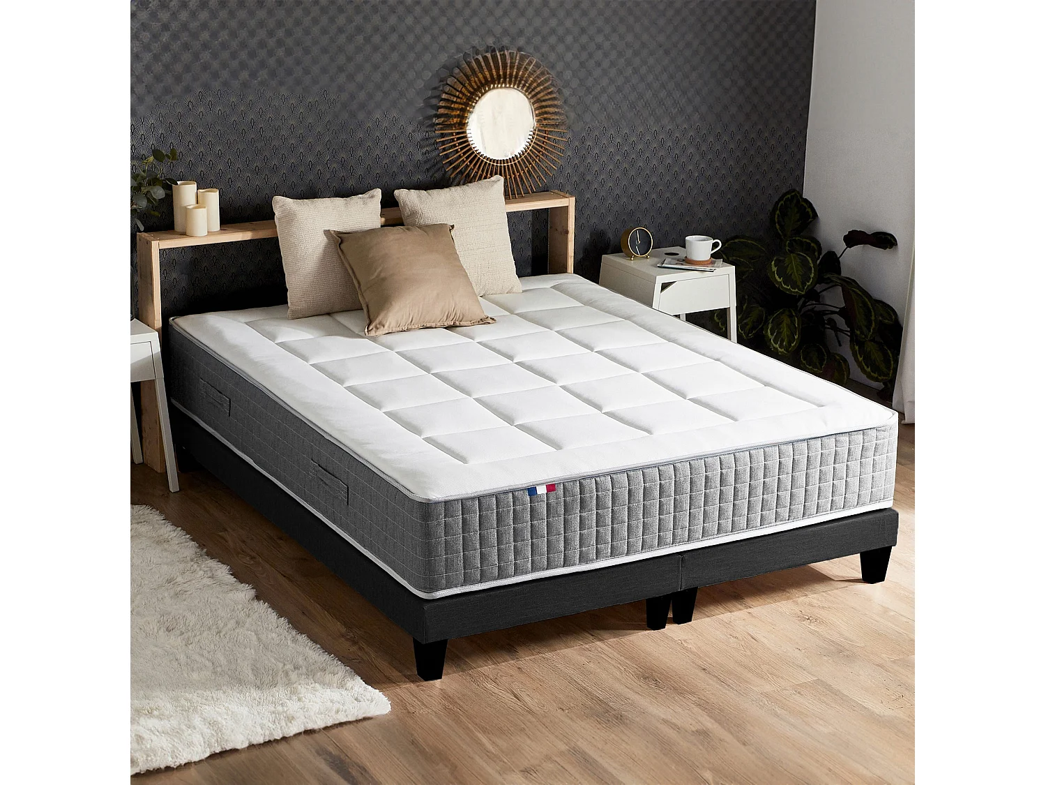 Ensemble Matelas Ressort 7 zones H.28cm + Sommier + couette + oreillers Fabriqué en France MAX Dimensions - 2x80 x 200 cm