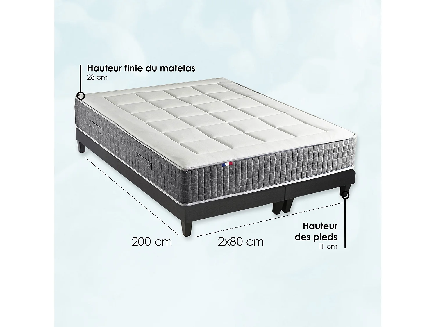 Ensemble Matelas Ressort 7 zones H.28cm + Sommier + couette + oreillers Fabriqué en France MAX Dimensions - 2x80 x 200 cm