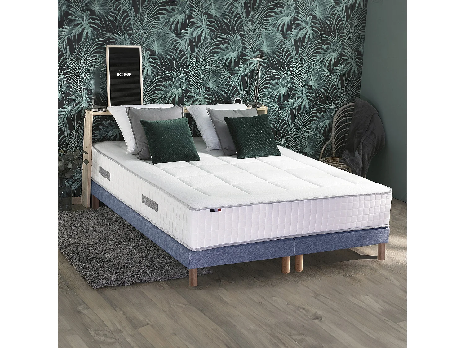 Ensemble matelas Ressorts 7 zones H28cm + sommier PALACIO 2 FABRICATION FRANCAISE Dimensions - 2x90 x 200 cm, Sommier - Bleu denim